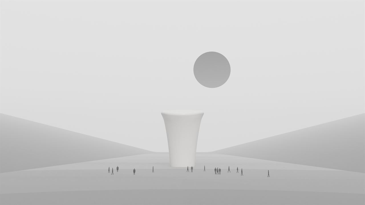 Une forme PEP dans un brouillard blanc sous un soleil sombre