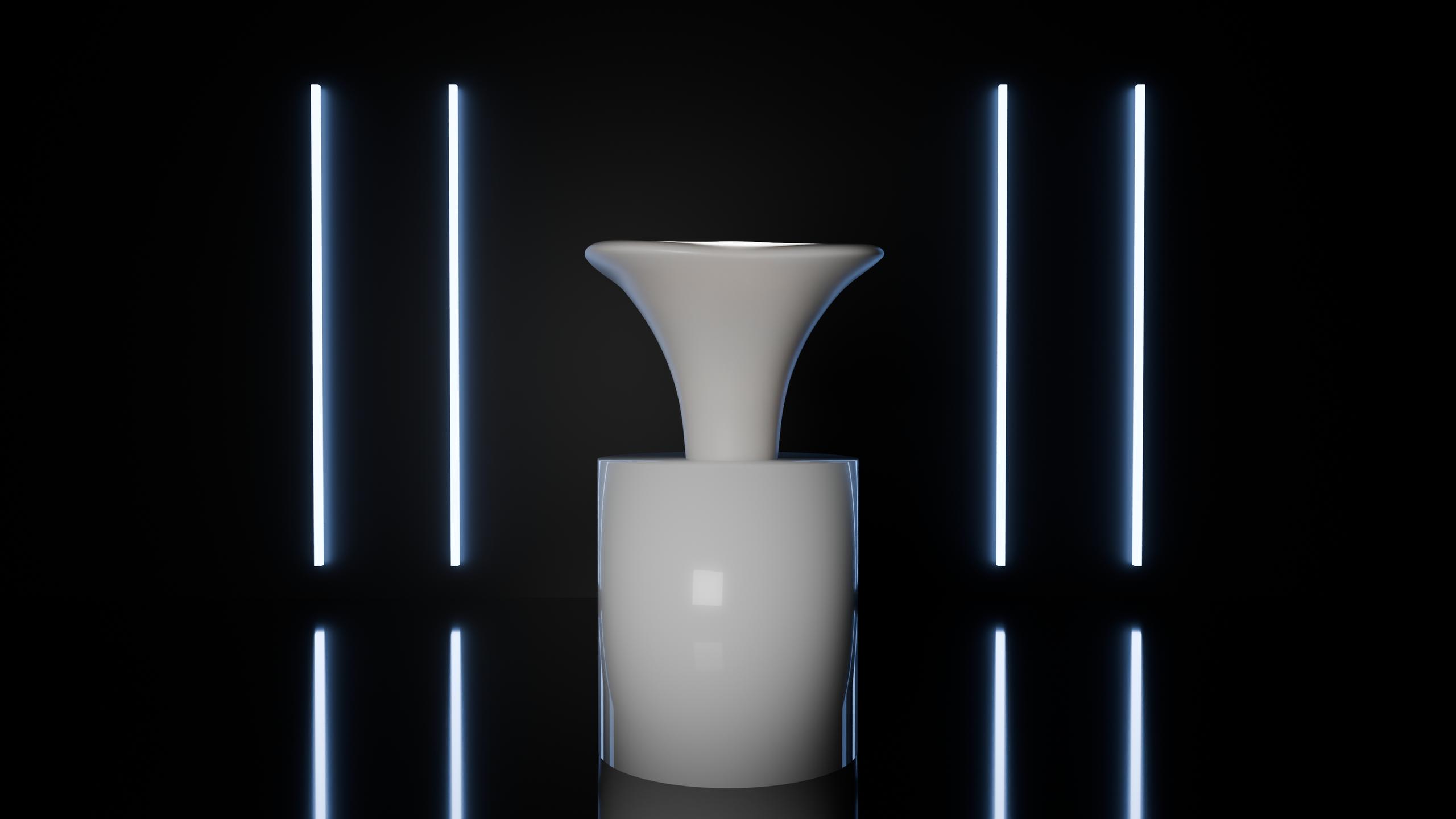 Une forme PEP sur un socle blanc entre des barres de lumière verticales