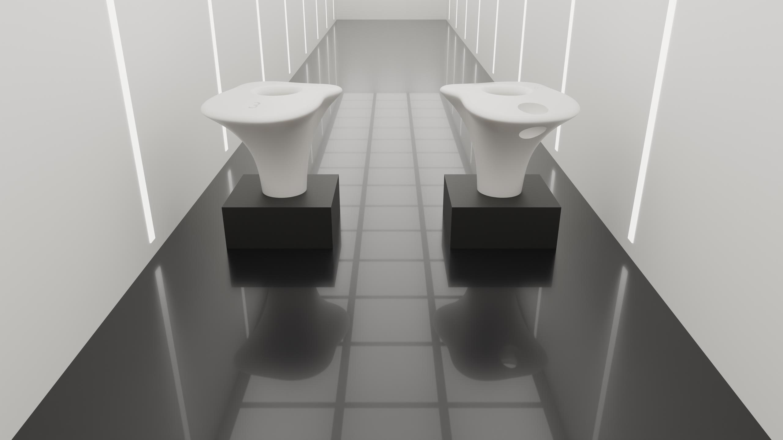 Deux formes PEP sur des socles noirs dans un couloir blanc, l’une avec ports de suture